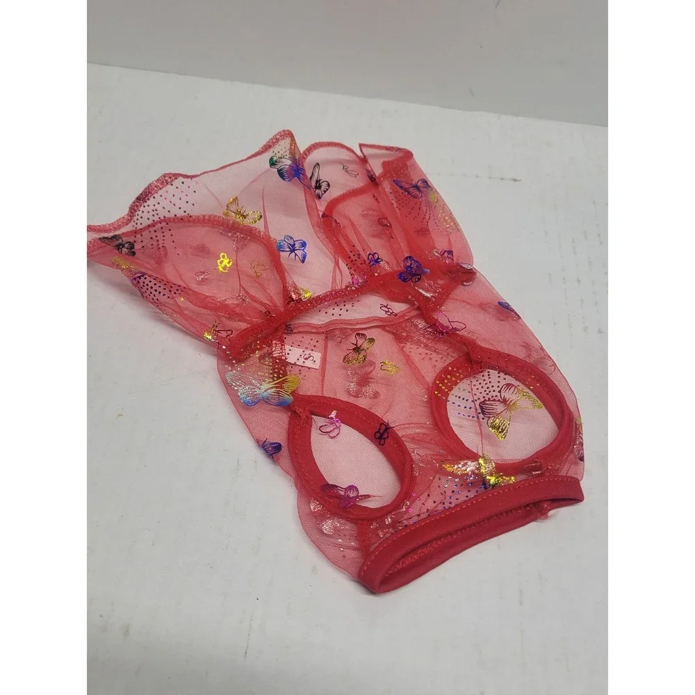 Red Mesh Butterfly Print‎ Pet Dress Small Ruffled Sheer Dog Cat Clothes